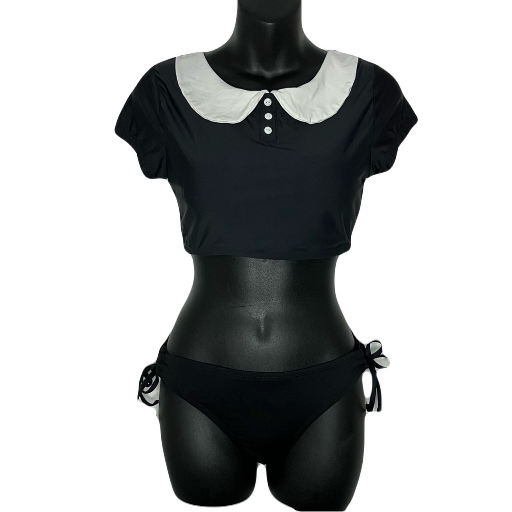 Mossimo Supply Co. Black and White Short Sleeve Gothic Wednesday Bikini Set